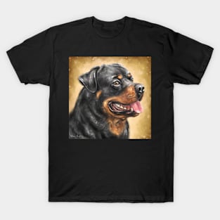 Painting of an Adorable Smiling Rottweiler with Its Tongue Out on Warm Beige Background T-Shirt